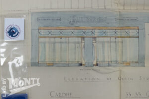 1937 architectural drawing for Burton shopfront at 33-35 Queen Street and Dominions Arcade, Cardiff,
