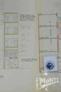1955 architectural drawing for rebuilding of St. John Street side entrance to Burton building at 4-6 Queen Street, Cardiff